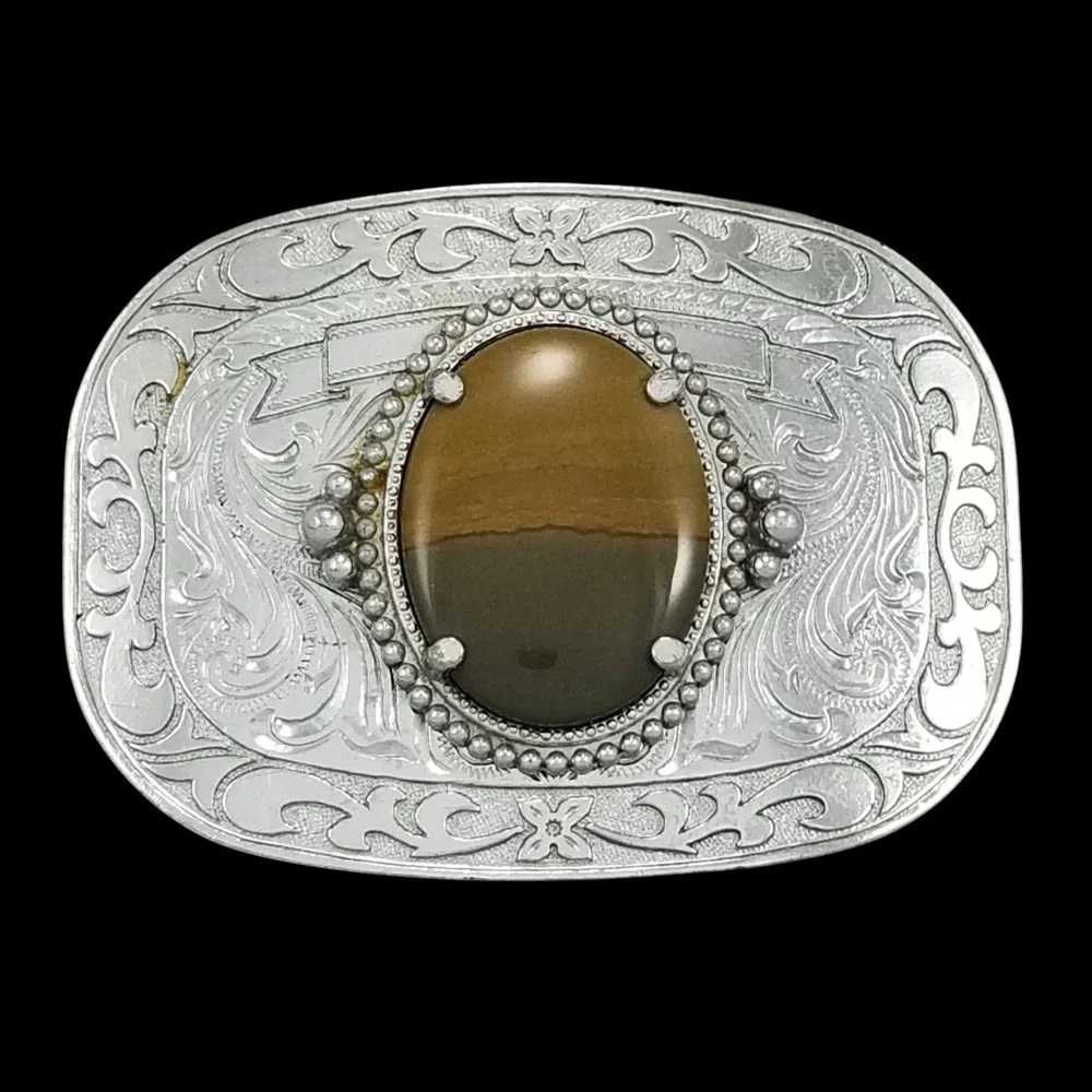 Vintage Western Silver Tone Floral Engraved Belt Buckle‎ with Brown Jasper Stone